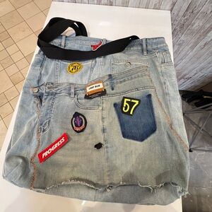 Light Blue Denim Tote Bag with Patches